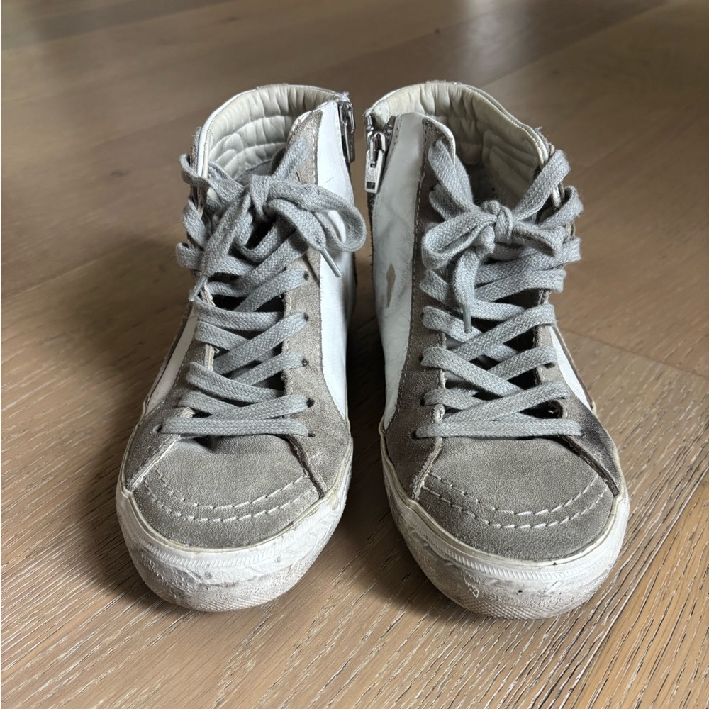 Golden Goose Slide High-Top Sneakers in White and Gray with Gold Logo - Picture 4 of 12